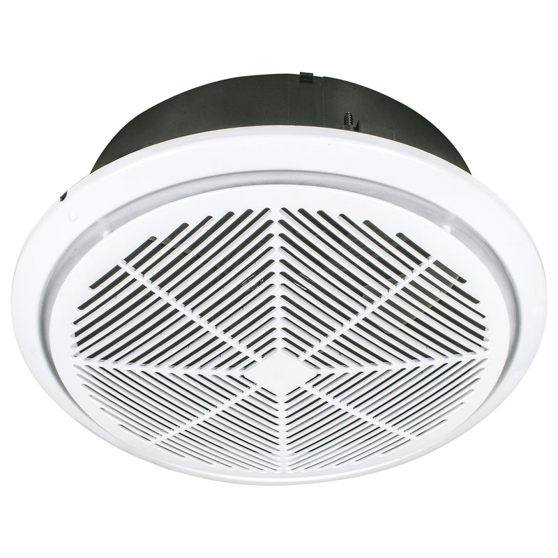 Ceiling-mounted exhaust fan with white grille and black housing on a white background