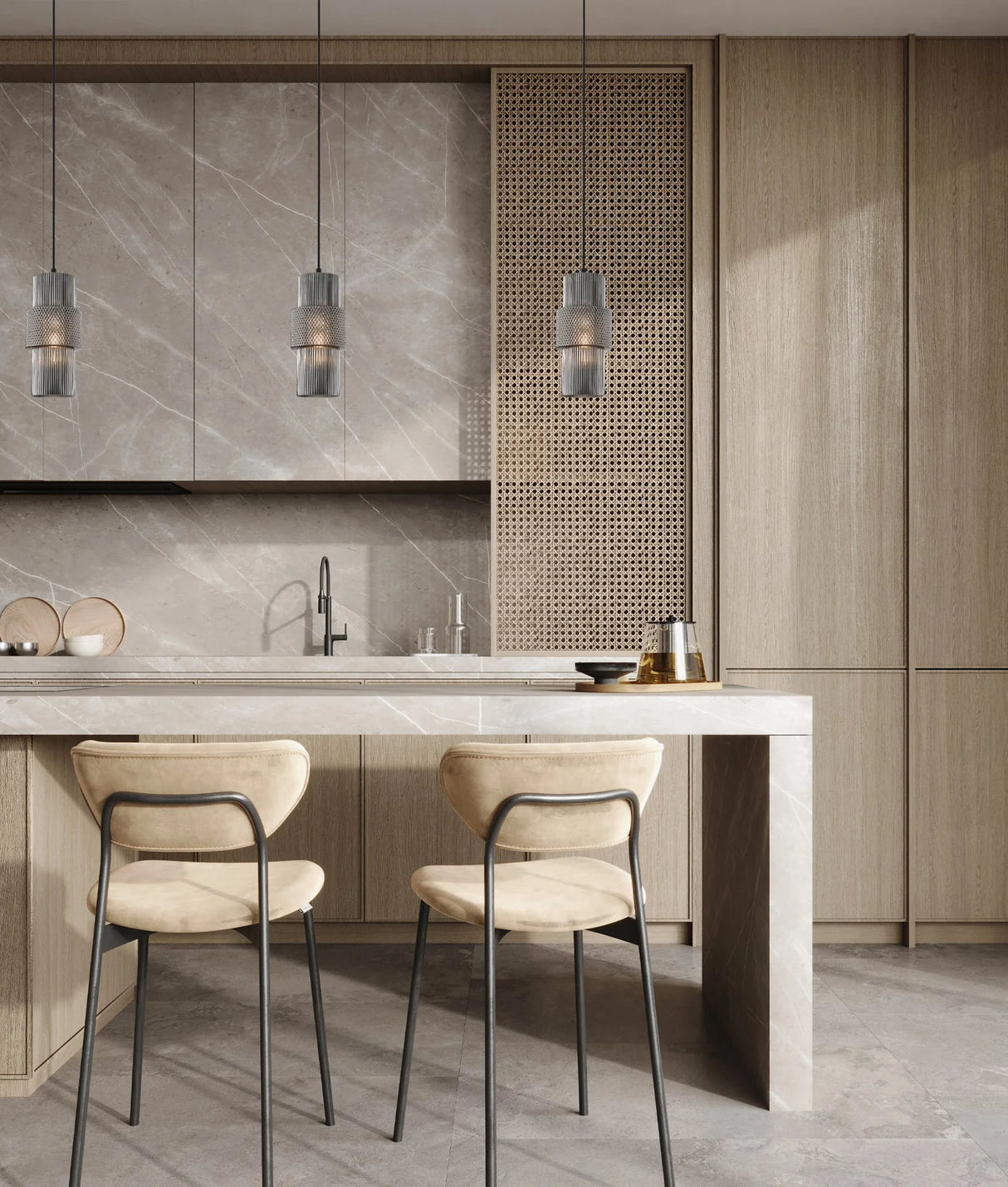 CLA Hueca Interior Double Cylinder Ribbed with Segment Pendant Lights