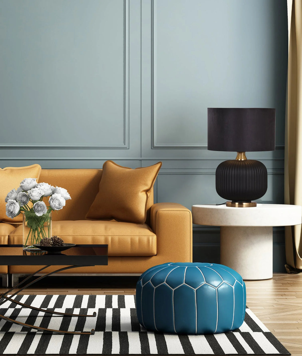 CLA Lusso Interior Black Drum Shade Ceramic Base with Antique Brass Highlight Table Lamp