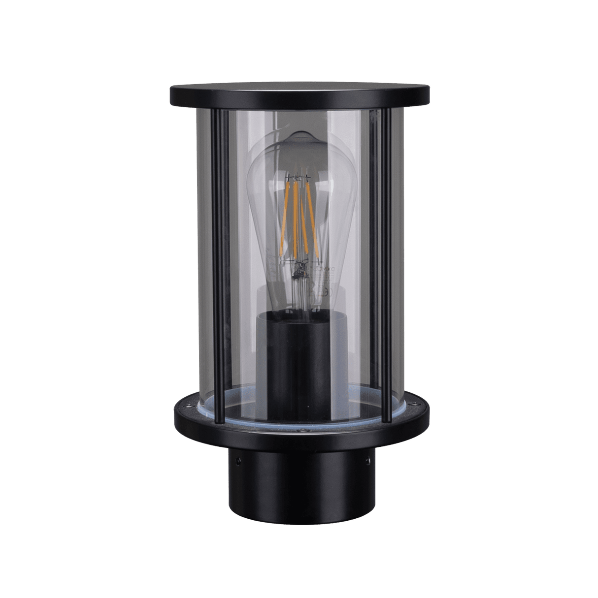 Domus BL-400 Bollard Head 76MM E27 in black finish with a clear glass cover on a green background
