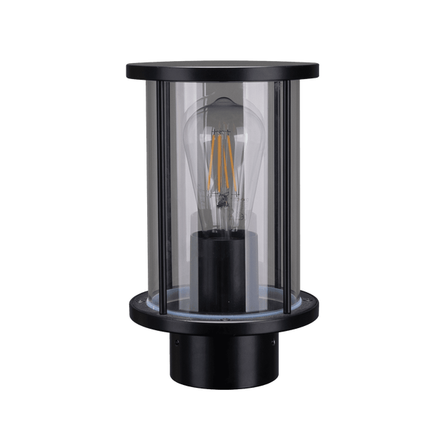 Domus BL-400 Bollard Head 76MM E27 in black finish with a clear glass cover on a green background