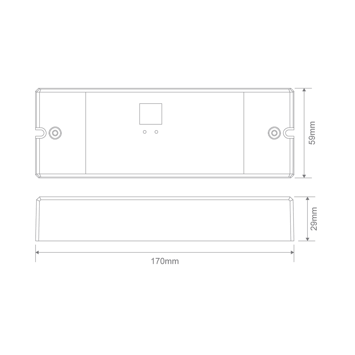 Technical drawing of aRGBW DALI controller by Domus Chameleon for LED lighting systems with dimensions on a green background