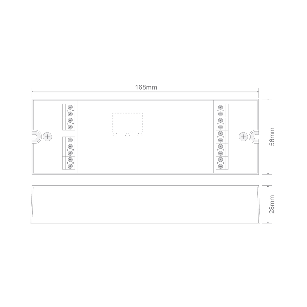 Technical drawing of a RGBW DMX controller by Domus Chameleon for LED lighting systems with dimensions labeled