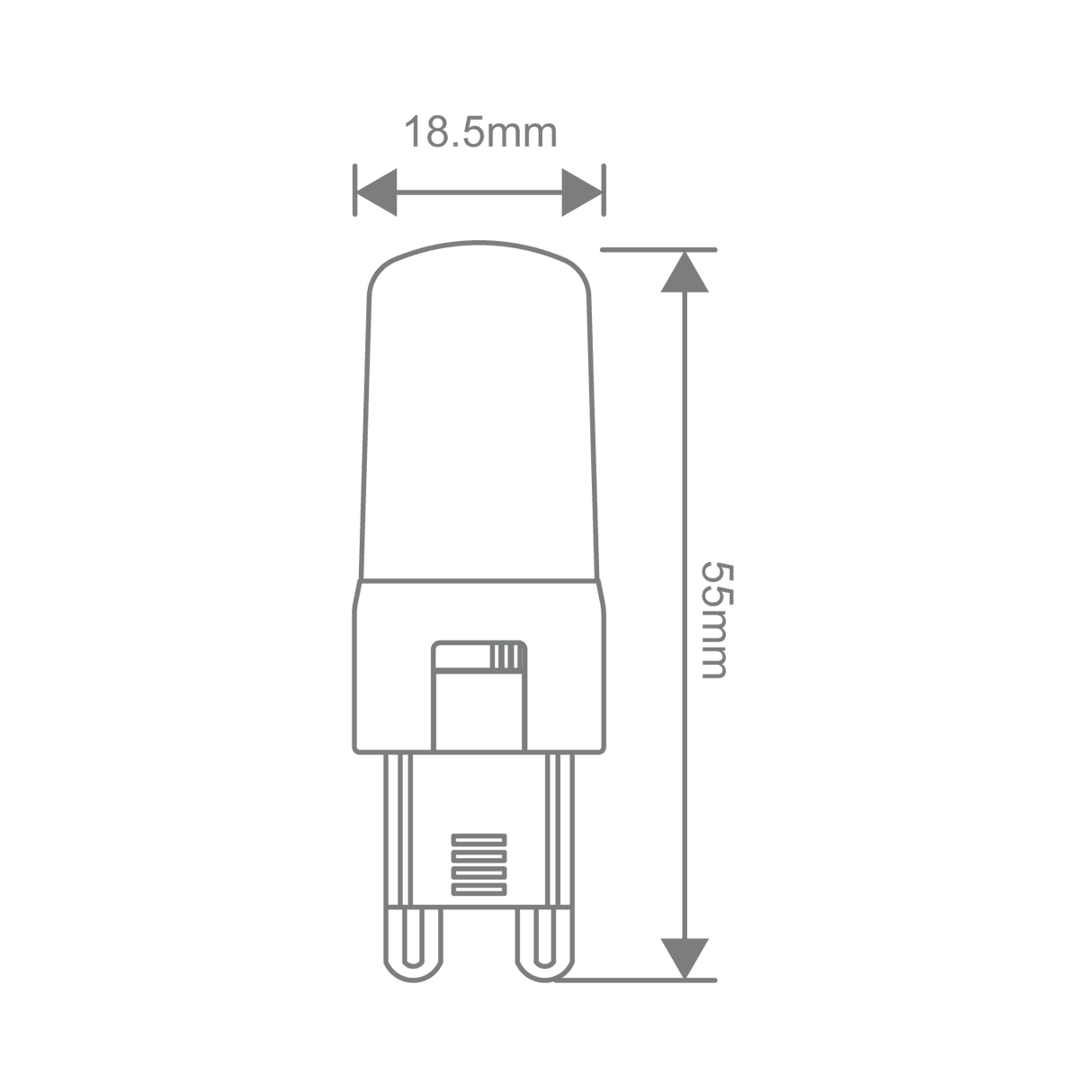 Technical drawing of a Domus G9 4W frosted dimmable LED bulb for versatile lighting with dimensions labeled