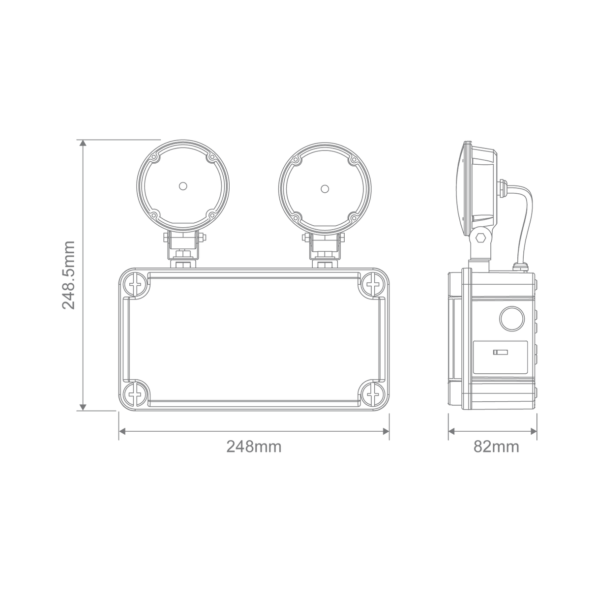 Technical drawing of a Twin spot emergency light Domus 2x2.5W for commercial use with dimensions labeled