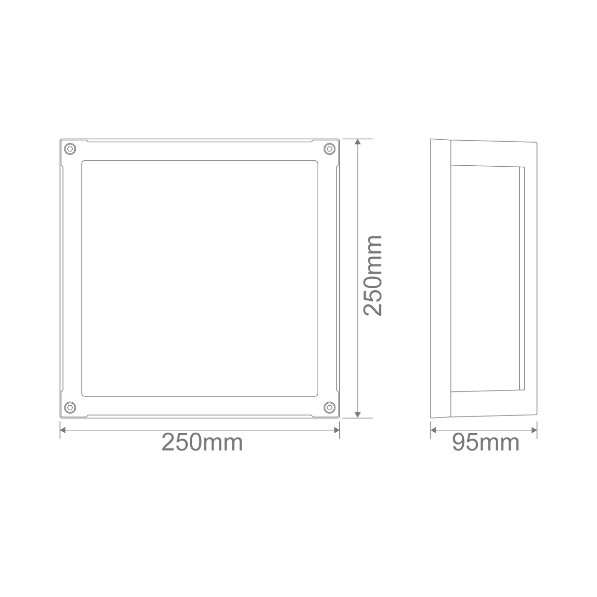 Dimensions of a Energy-efficient 12W LED square wall light by Domus YORK-12
Domus YORK-12 IP65 rated LED wall light for outdoor use with dimensions labeled