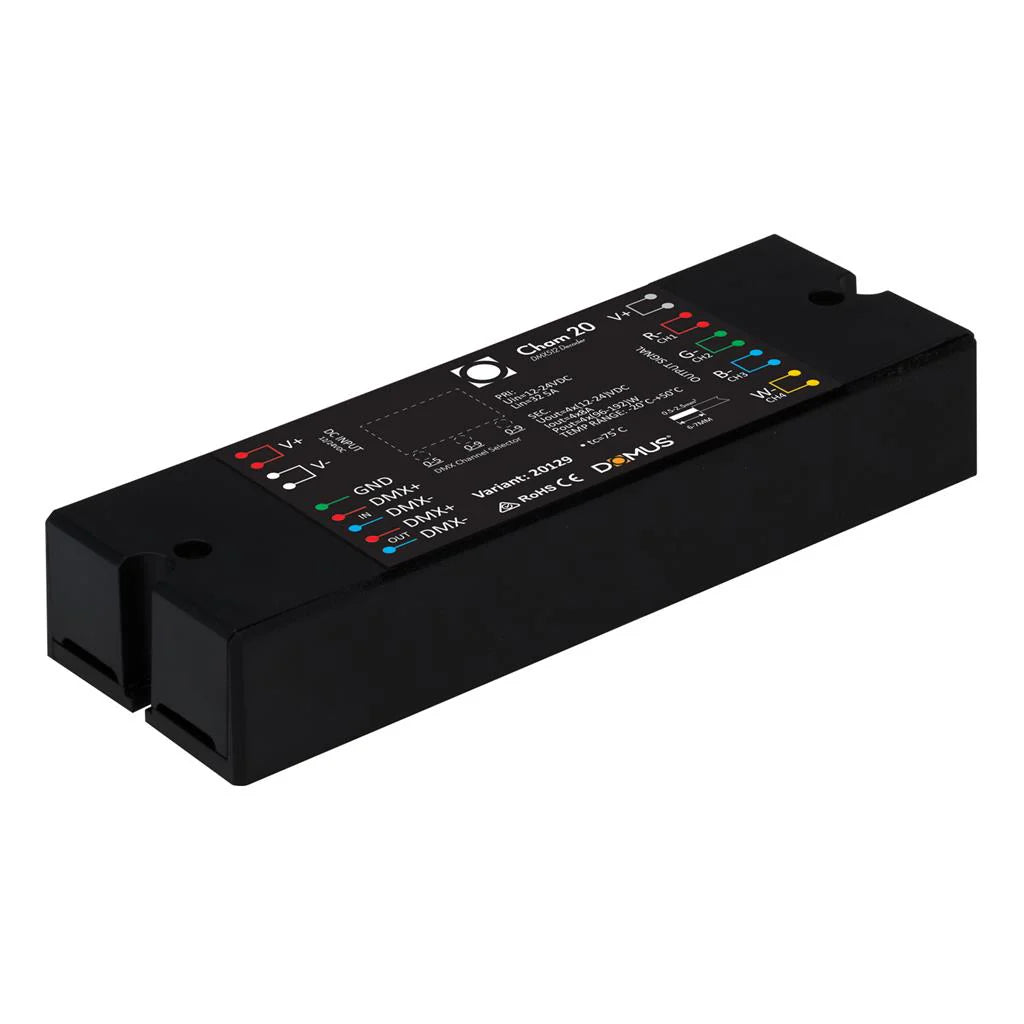 Domus Chameleon RGBW DMX lighting interface for smart control with labeled ports on a white background