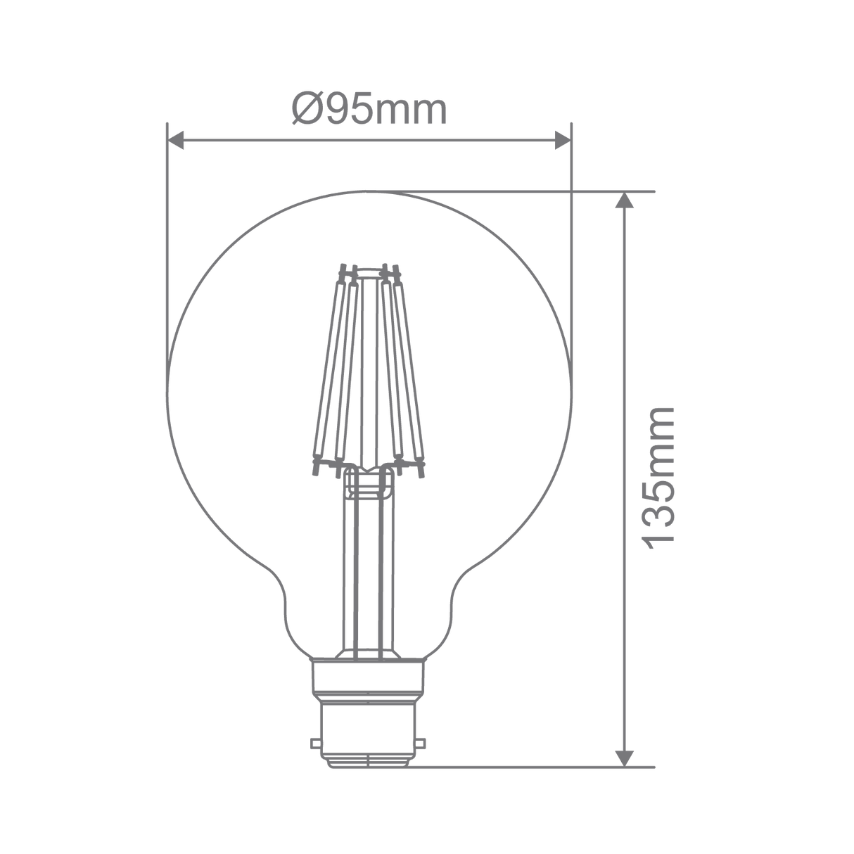 Technical drawing of a Modern G95 LED filament globe for ambient lighting with dimensions on a green background