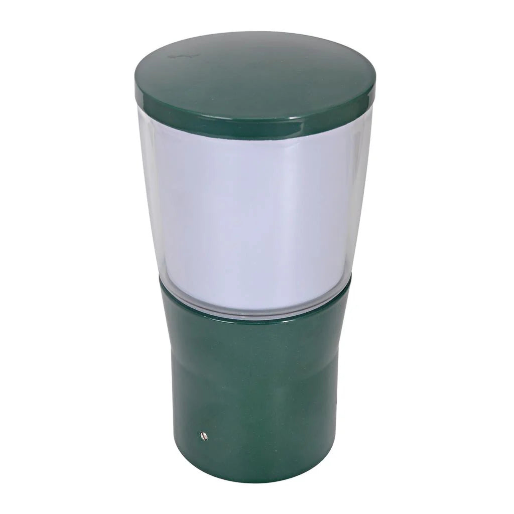 Green and white Domus BL 200 bollard head with E27 socket for bollard lam on a white background
