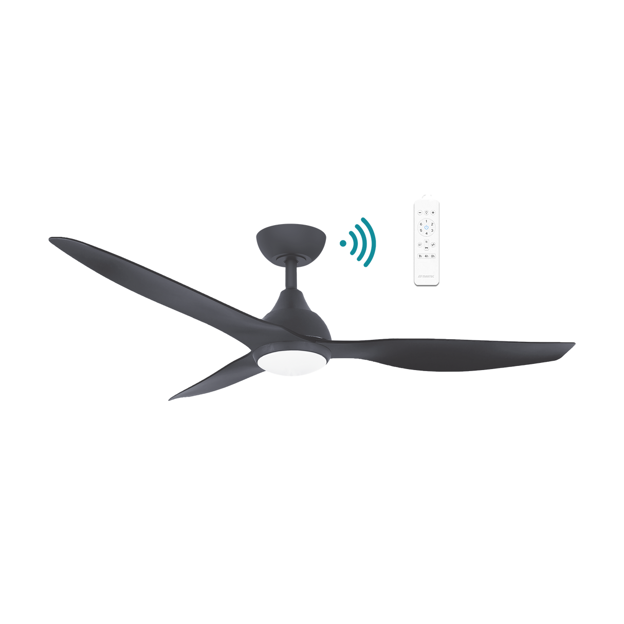 Modern Sleek Martec Avoca DC ceiling fan with WiFi, remote, and energy-saving LED lightwith remote control on a white background