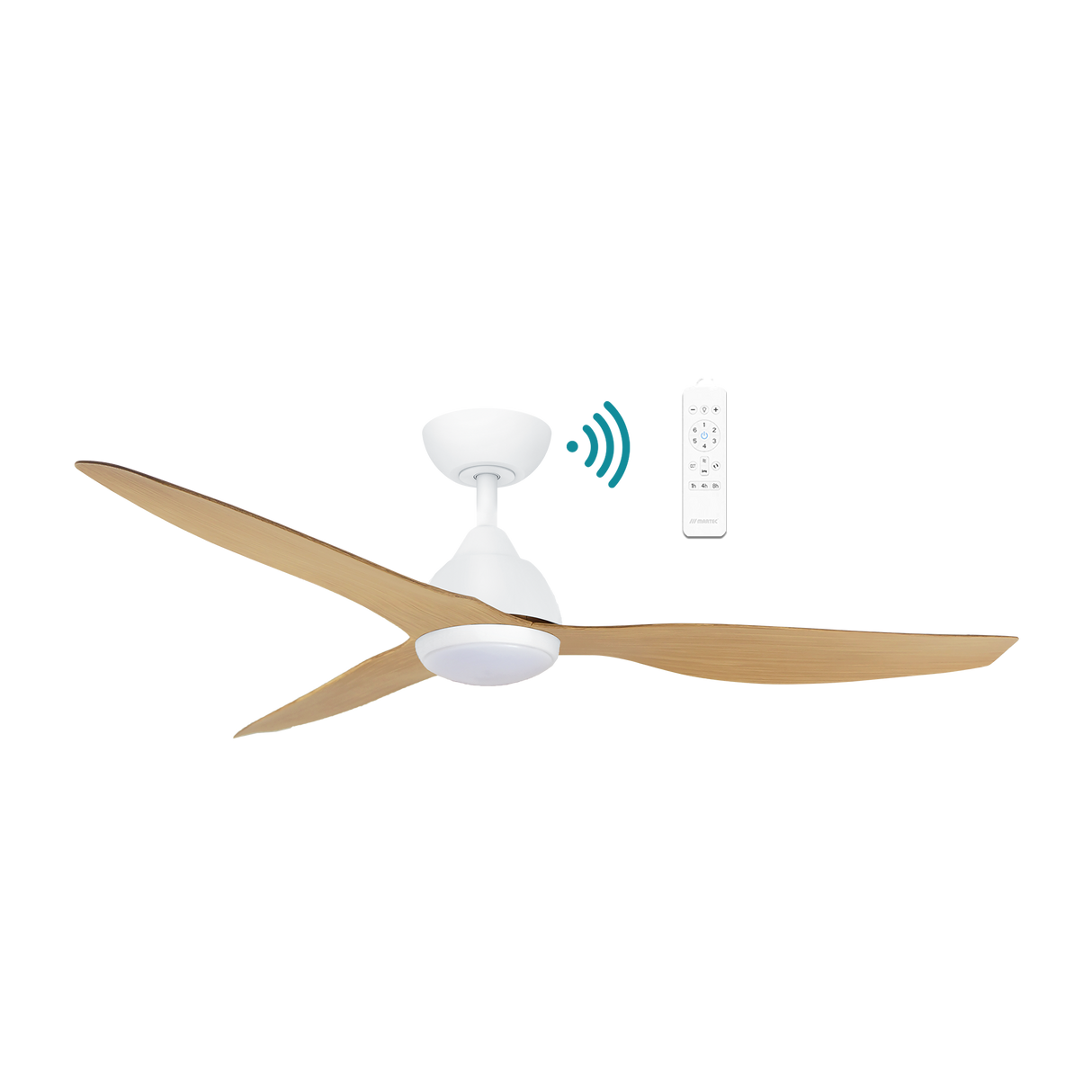 Ceiling fan with wooden blades and remote control on a white background