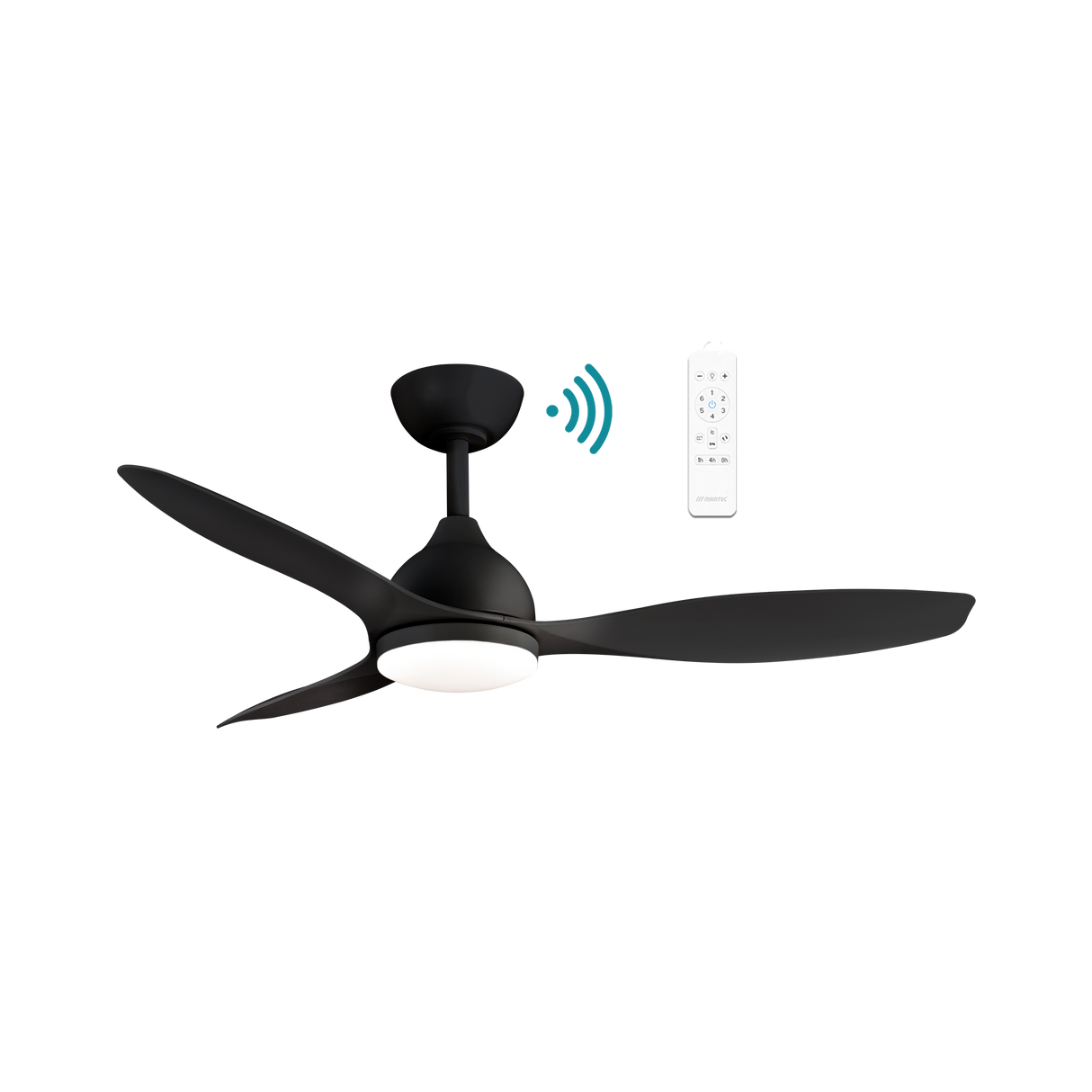 Stylish DC ceiling fan with WiFi connectivity and LED light from Martec Elite with remote control on a white background