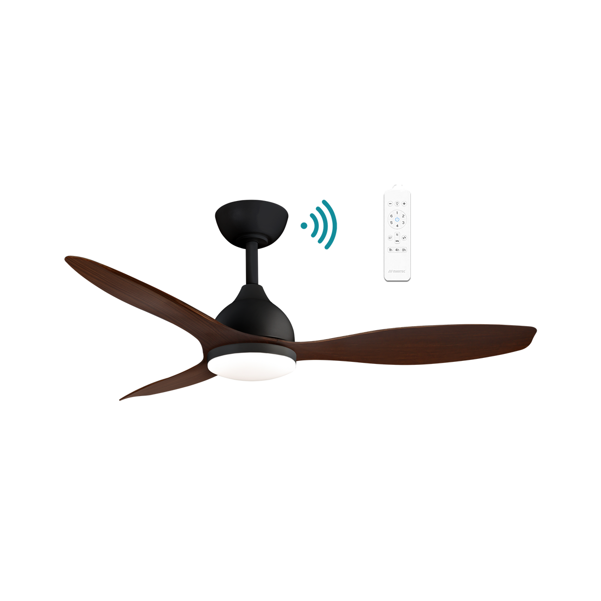 Sleek Martec Elite DC ceiling fan with WiFi, remote, and energy-saving LED light brown blades and black housing on a white background