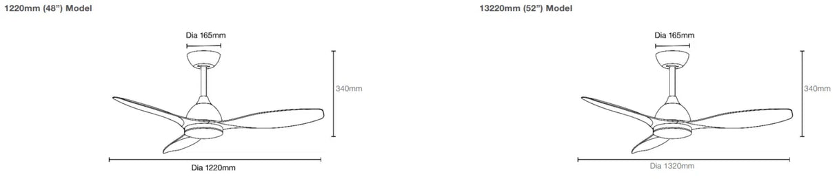 Energy-efficient Martec Elite DC ceiling fan with integrated LED light with dimensions labeled.