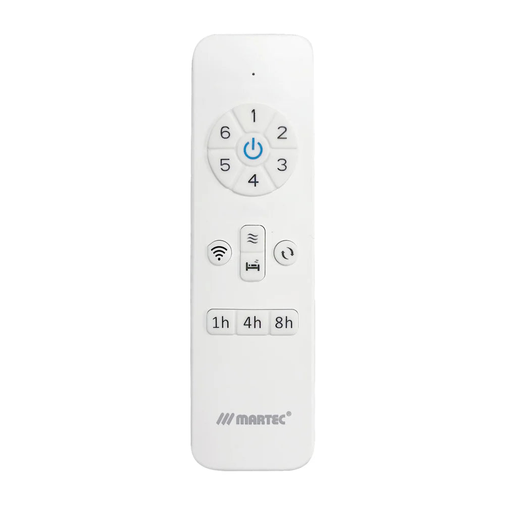 White remote control of a Quiet and stylish DC ceiling fan with WiFi control by Martec Esprit with digital display and buttons on a white background