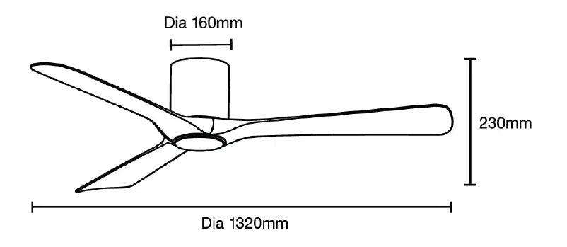 Illustration of a WiFi enabled Martec Fresno DC ceiling fan for smart home control with dimensions labeled