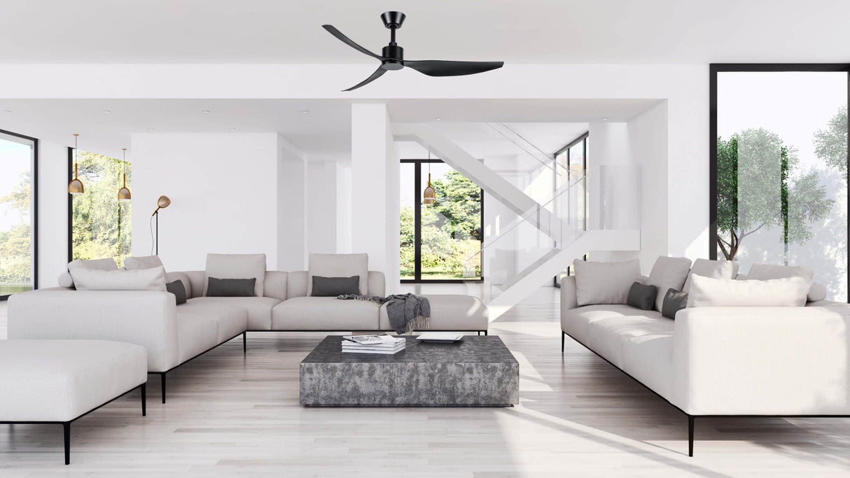 Energy-efficient Martec Genoa smart ceiling fan with LED in living room.