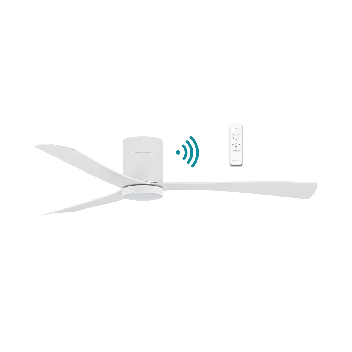 White Stylish DC ceiling fan with WiFi connectivity and LED light from Martec Metro.