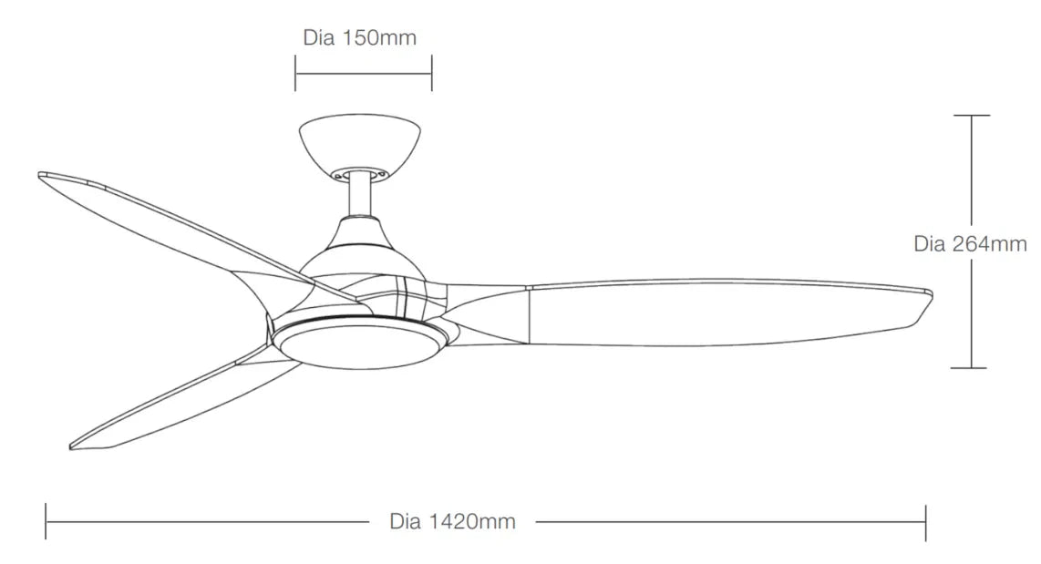 Technical drawing of a Smart WiFi Martec Newport DC ceiling fan ideal for living or bedroom spaces with dimensions labeled