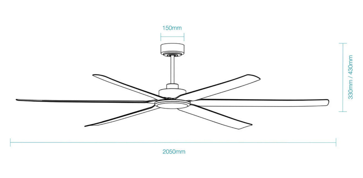 Martec Osprey 80″ smart ceiling fan featuring remote control and LED light with dimensions labeled on a white background
