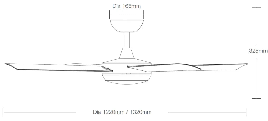 Technical drawing of a Energy-saving Martec Quantum DC ceiling fan with integrated LED light and dimensions labeled