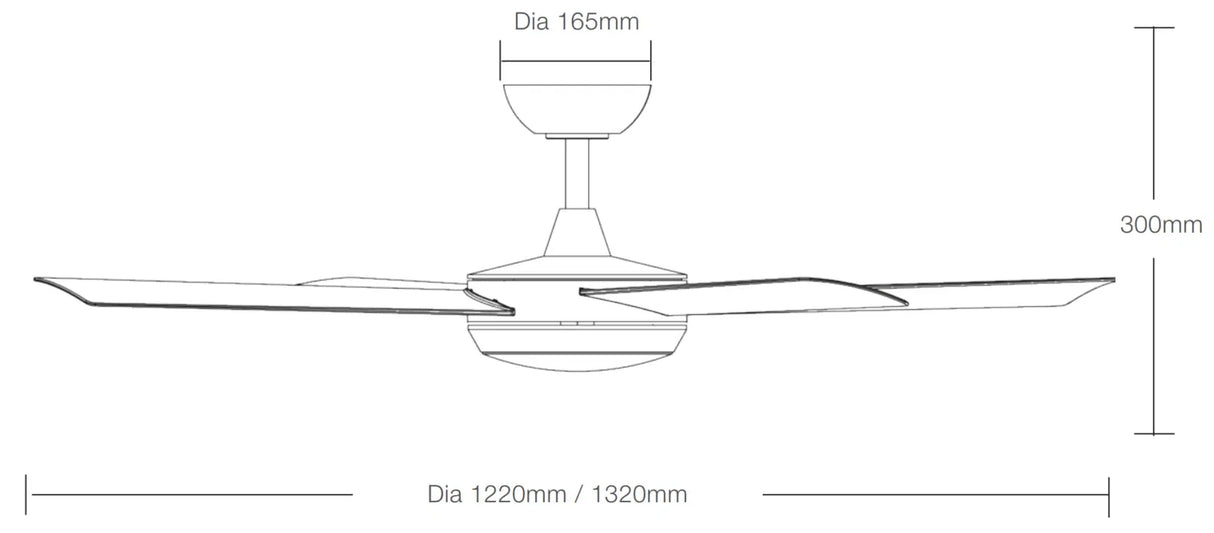 Dimension of a Durable and stylish 48-52 inch Martec Quantum DC ceiling fan.