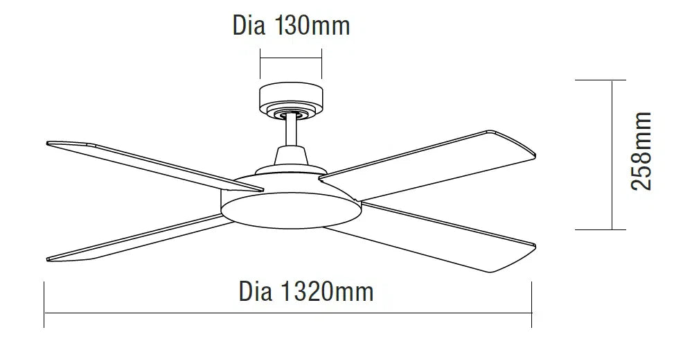 Dimension and technical drawing of Quiet performance Martec Razor 52 inch AC ceiling fan