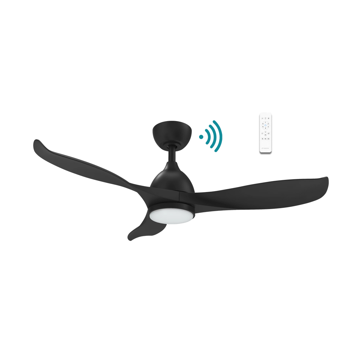 Sleek Martec Scorpion DC ceiling fan with WiFi, remote, and energy-saving LED light with remote control on a white background
