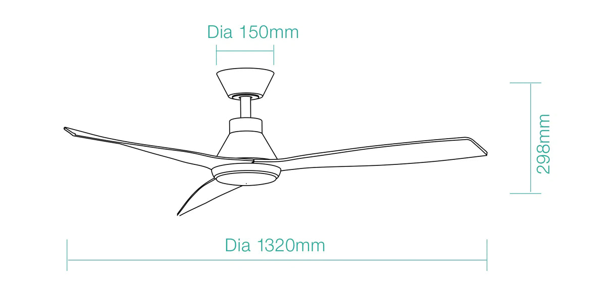 Dimension of a Contemporary white Martec Triumph smart ceiling fan with LED light