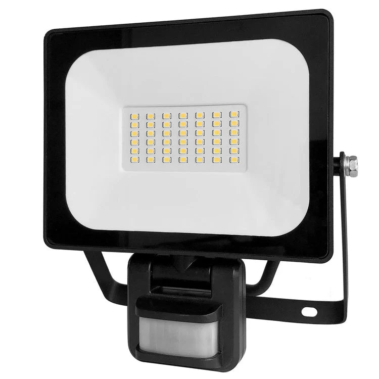 Weatherproof DIY Mercator Baxter LED floodlight with PIR sensor on white background.