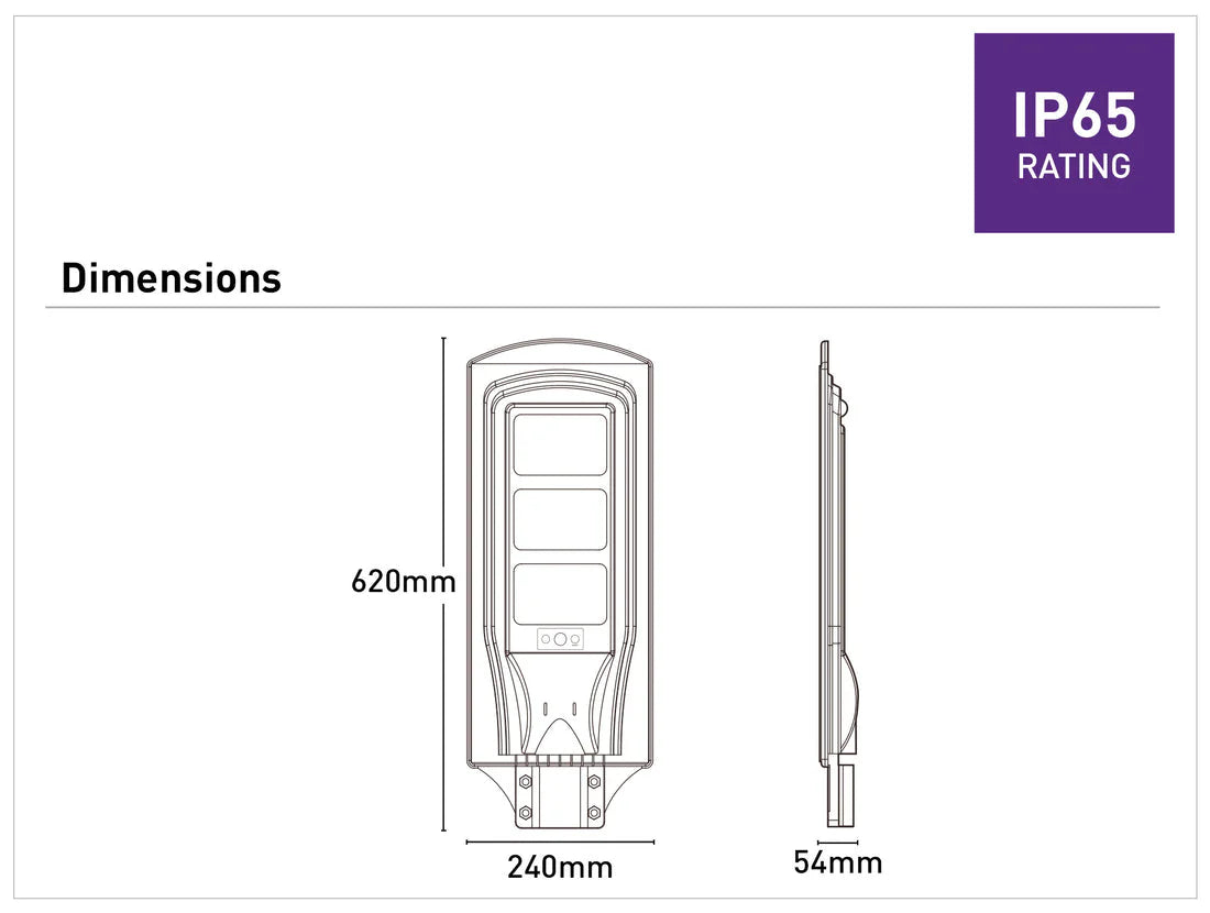 Technical drawing of a Energy-efficient Mercator Epsilon II 3600lm solar streetlight design with dimensions labeled, featuring an IP65 rating.