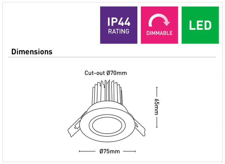 Dimension of a Energy-efficient 7W LED ceiling downlight from Mercator Gizmo range