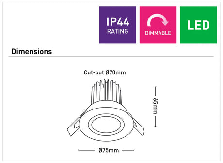 Dimension of a Energy-efficient 7W LED ceiling downlight from Mercator Gizmo range