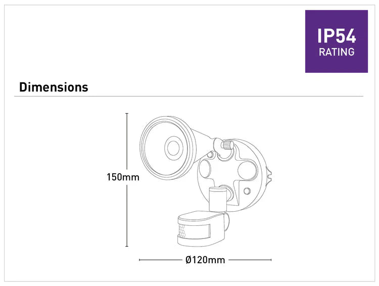 Technical drawing of a Modern design Mercator Lumio motion sensor LED security light with dimensions and IP54 rating label on a white background