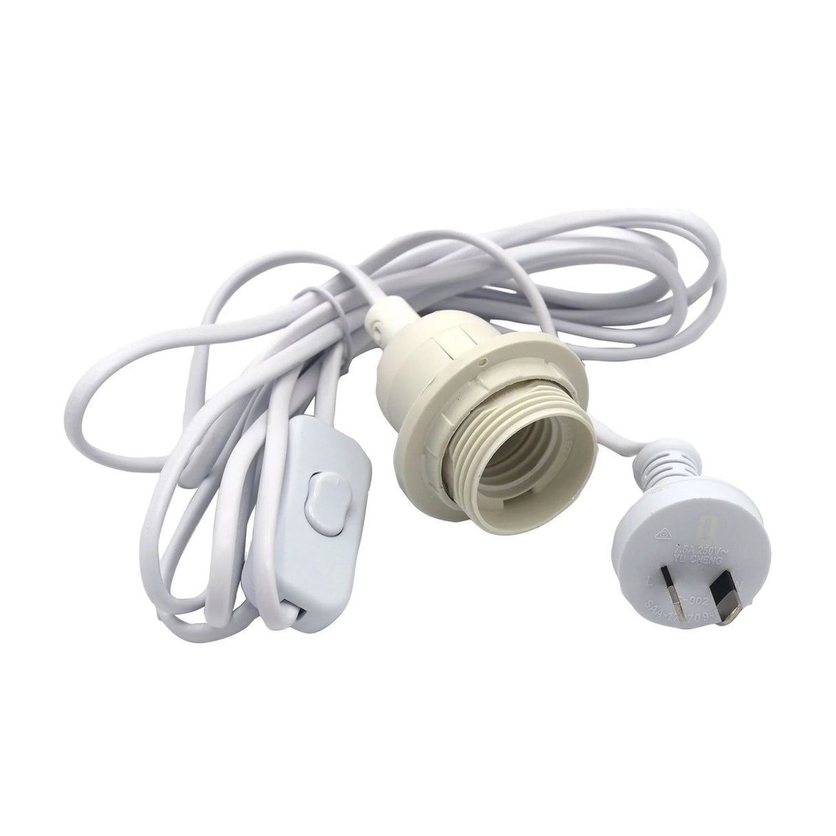 White Oriel Lighting Flex Plug Switch Lampholder Set for plug-in lights with socket and light bulb on a white background