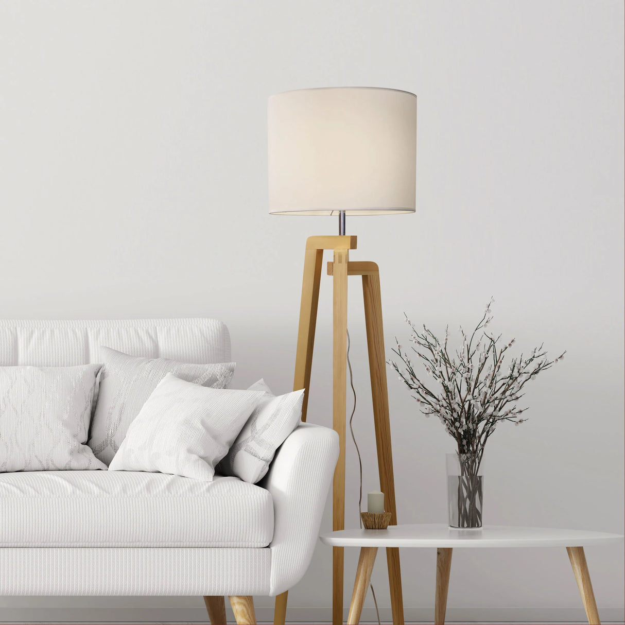 Oriel Lund Complete Scandi Timber Tripod Floor Lamp