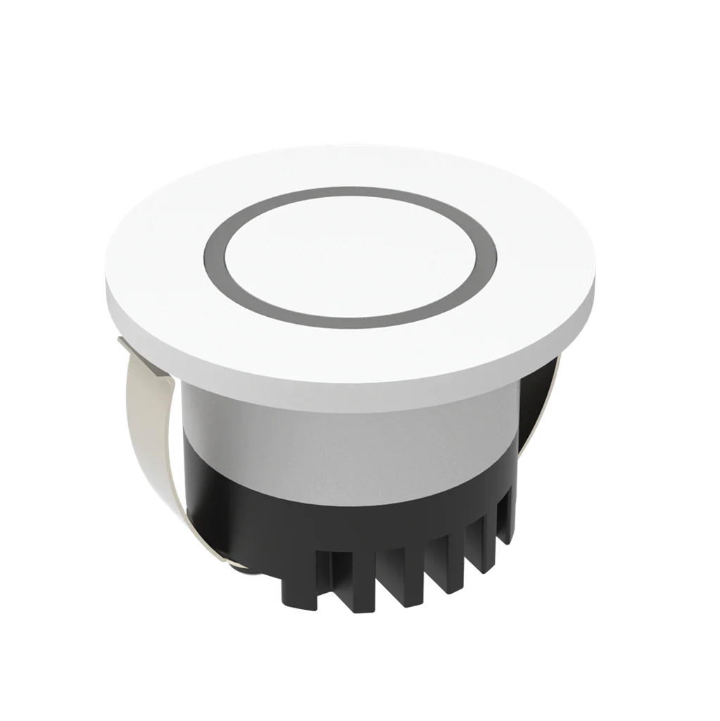 Domus Aura 24V round 3W LED trio IP20 white steplight with white top and black base on a white background