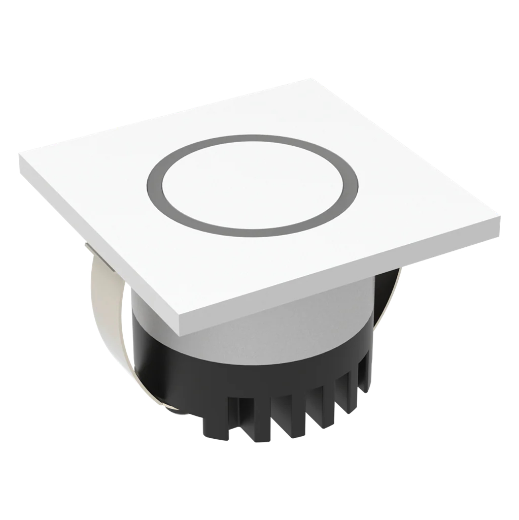 Energy-efficient Domus Aura 3W LED trio white steplight IP20 rated with white cover and black base on a white background
