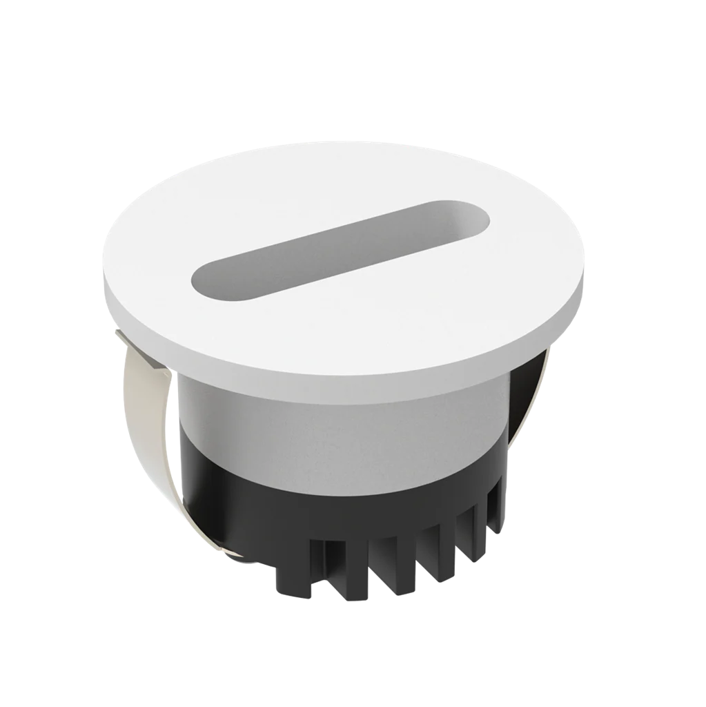 Round light fixture with white top and black base on a white background