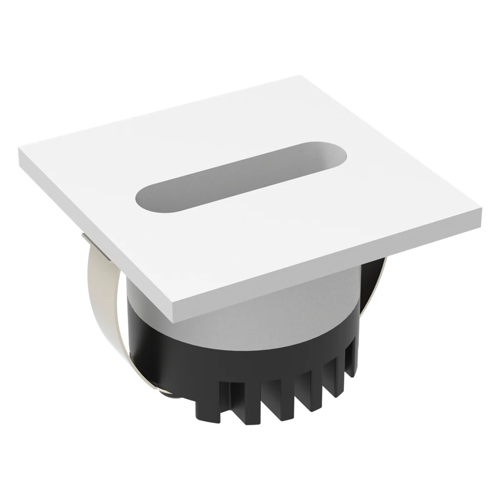 Domus Aura 24V LED trio steplight for indoor step lighting with a central slot on a white background