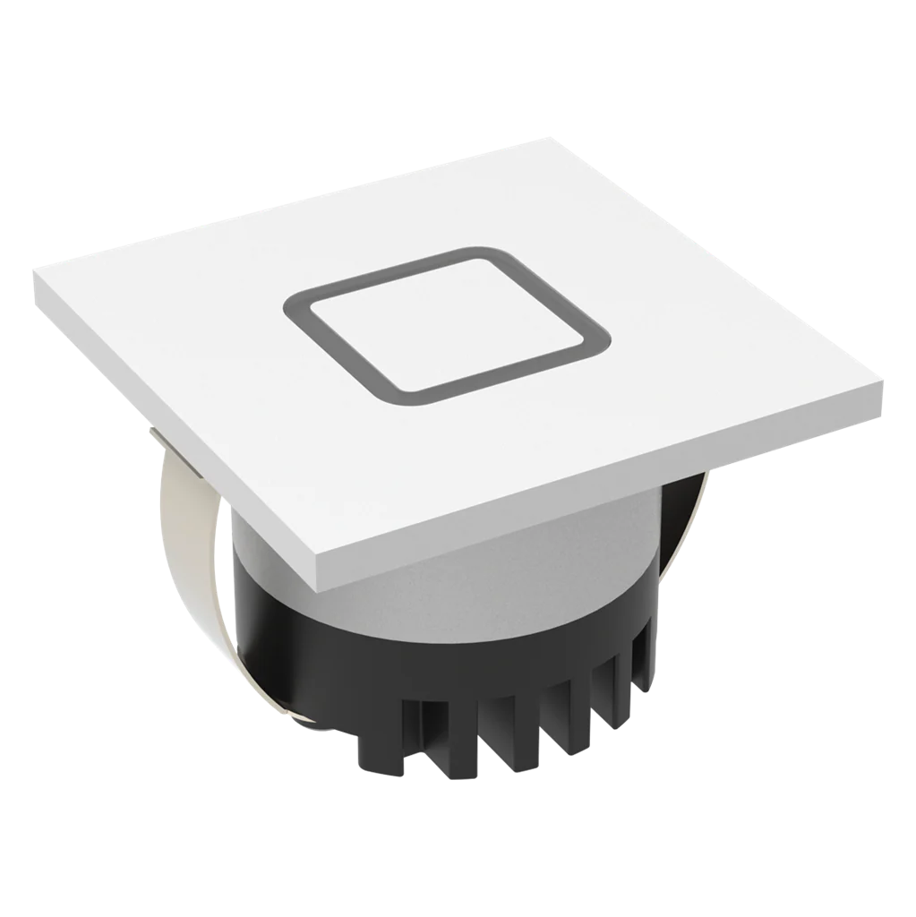 Domus Aura IP20 rated 24V white LED trio steplight for stairs with white cover and black base on a white background