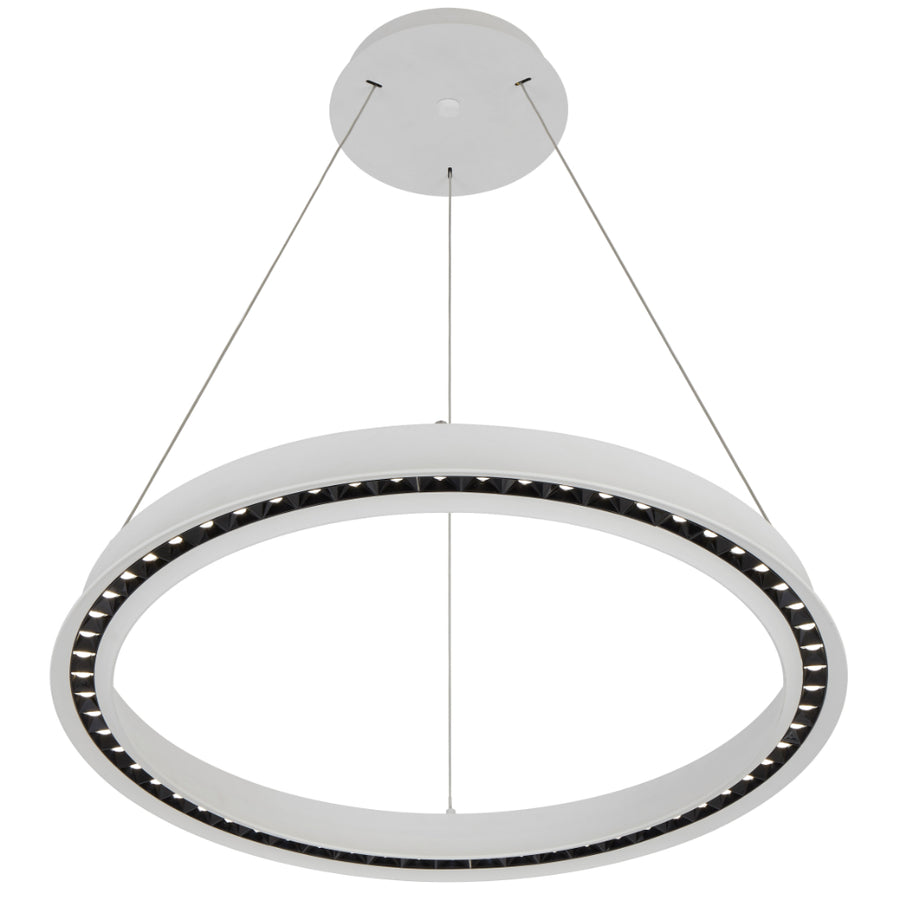 Circular pendant light with a white frame on a white background