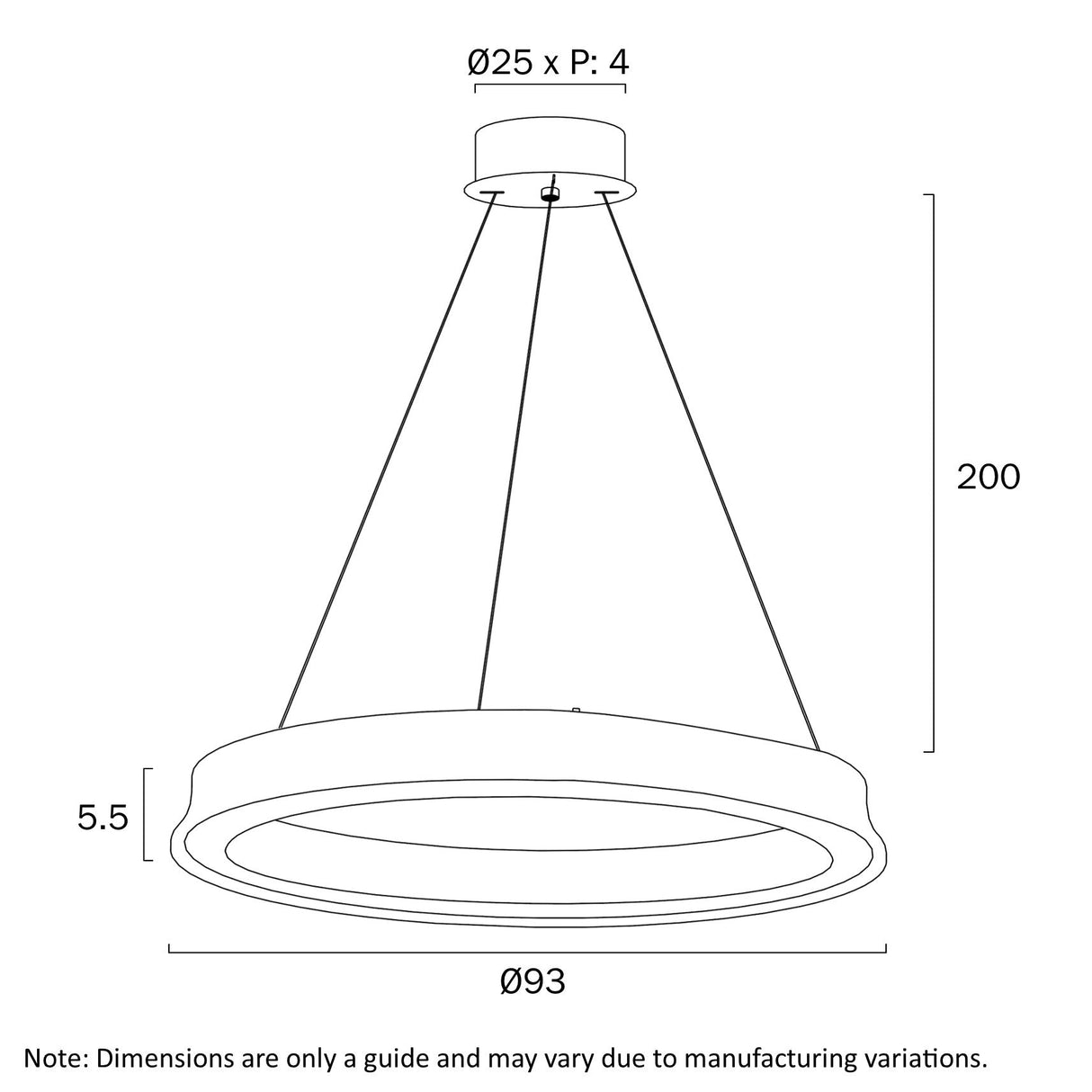 Technical drawing of a pendant light with dimensions