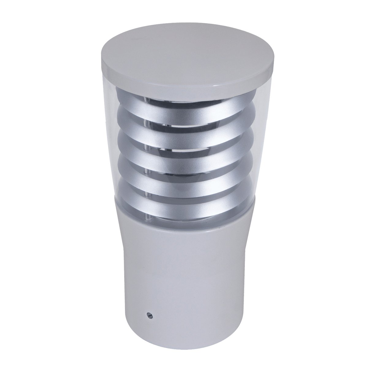 Domus BL-300 bollard head with E27 socket for outdoor lighting with a metallic finish on a white background