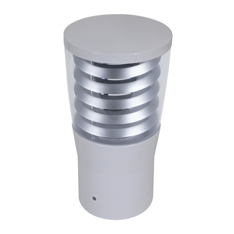 Domus BL-300 bollard head with E27 socket for outdoor lighting with a metallic finish on a white background