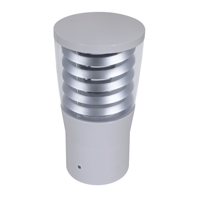 Domus BL-300 bollard head with E27 socket for outdoor lighting with a metallic finish on a white background