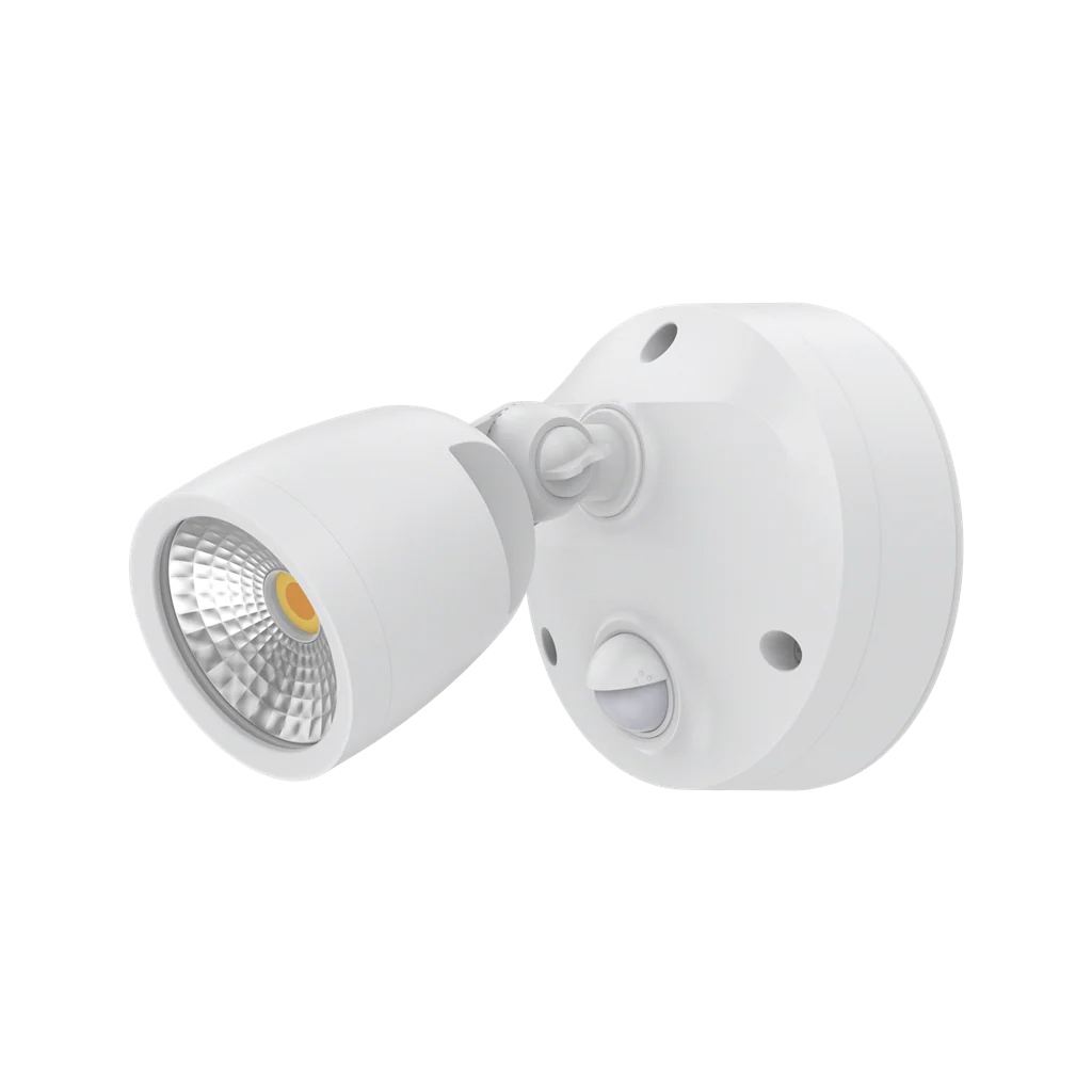 White outdoor Energy-efficient Domus MURO 10W LED sensor spotlight with motion sensor on a white background
