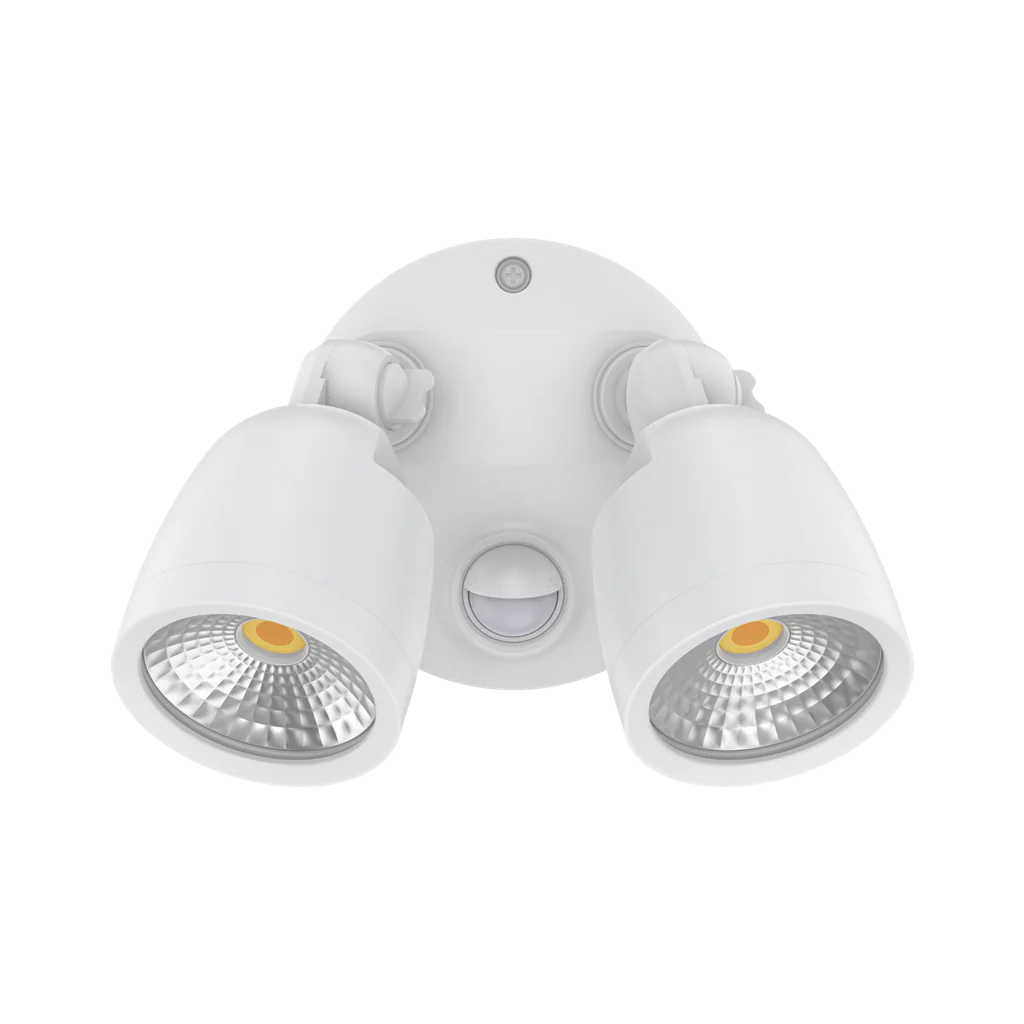 White Energy-efficient Domus MURO 20W LED sensor security lighting with three LED lights on a white background