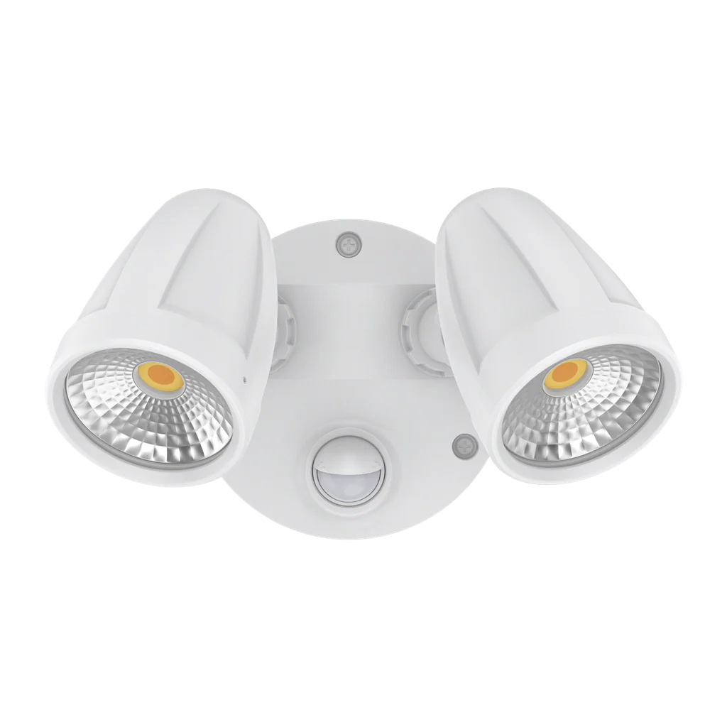 White Domus MURO-MAX 32W LED security light with motion sensor with two LED lights on a white background