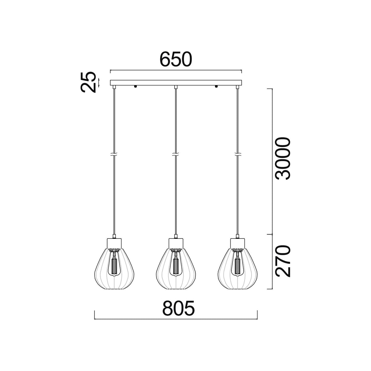 CLA TULIP Interior 3 Light Bar Wine Glass Ribbed Pendant